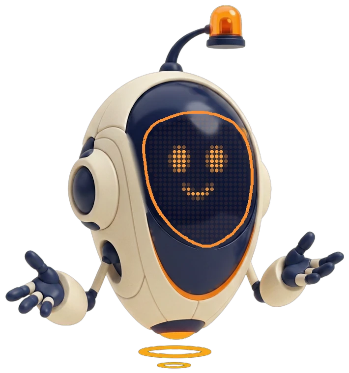 Scout, a cream-and-navy robot with a dot-matrix visor, hovering