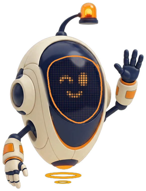Scout waving: a cream-and-navy robot with a shield-shaped visor, an orange beacon on his antenna and no legs.