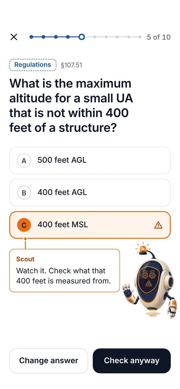 A question on maximum altitude with 400 feet MSL selected. Scout's callout, pinned to that answer, reads: Watch it. Check what that 400 feet is measured from.